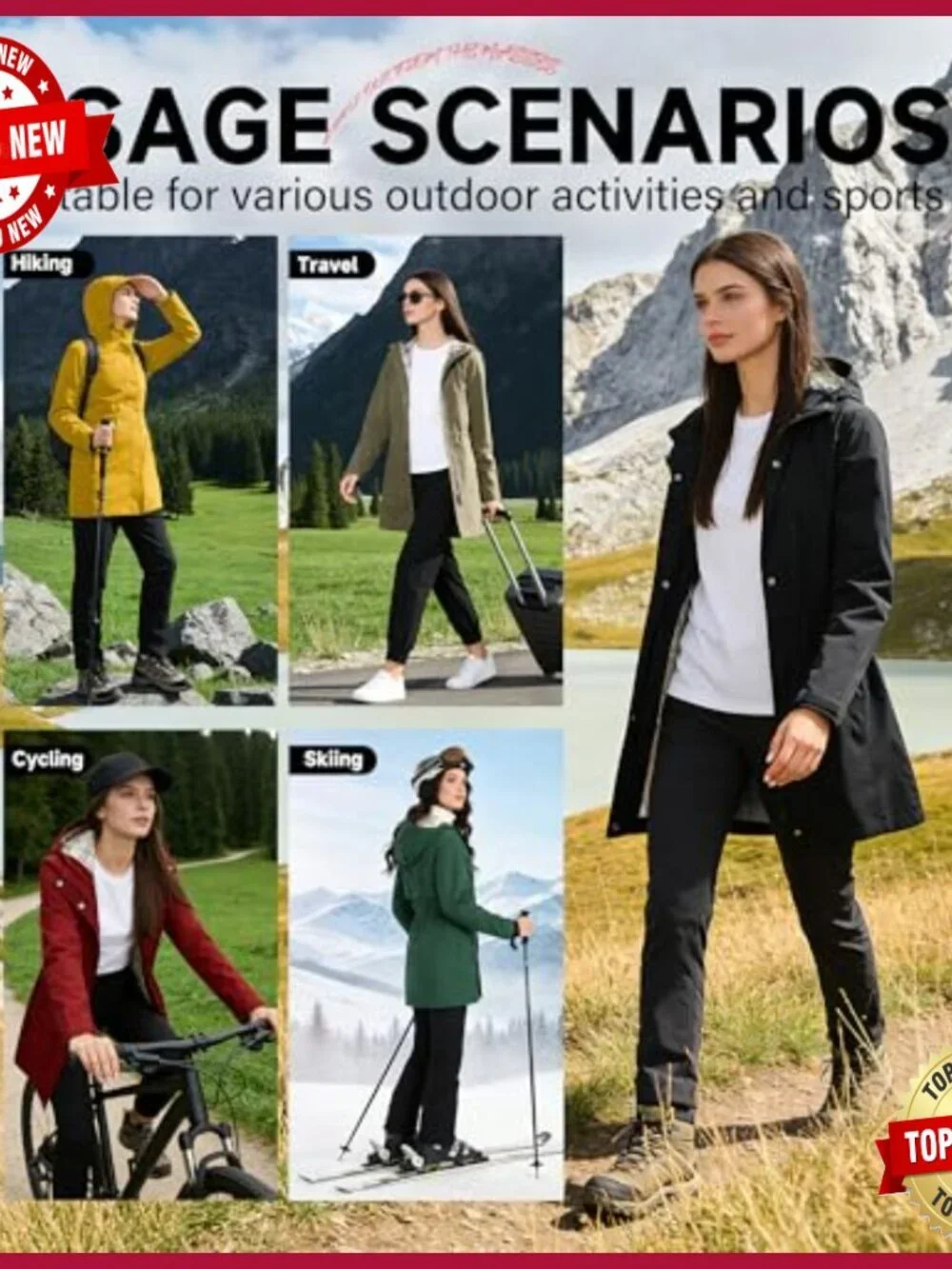 Women's Packable Waterproof Raincoat Hooded Trench Coat Lightweight Outdoor